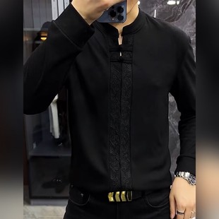 【现货】23288男士春季新品盘扣唐装小衫修身弹力欧货中国风T恤衫