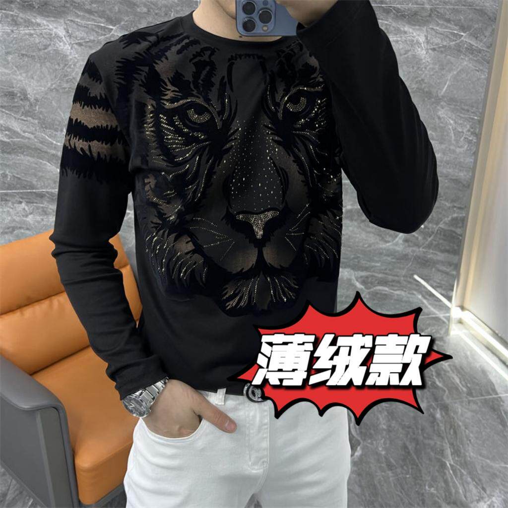 【现货】23160新款高端男卫衣打底衫潮流圆领修身百搭烫印T恤长袖