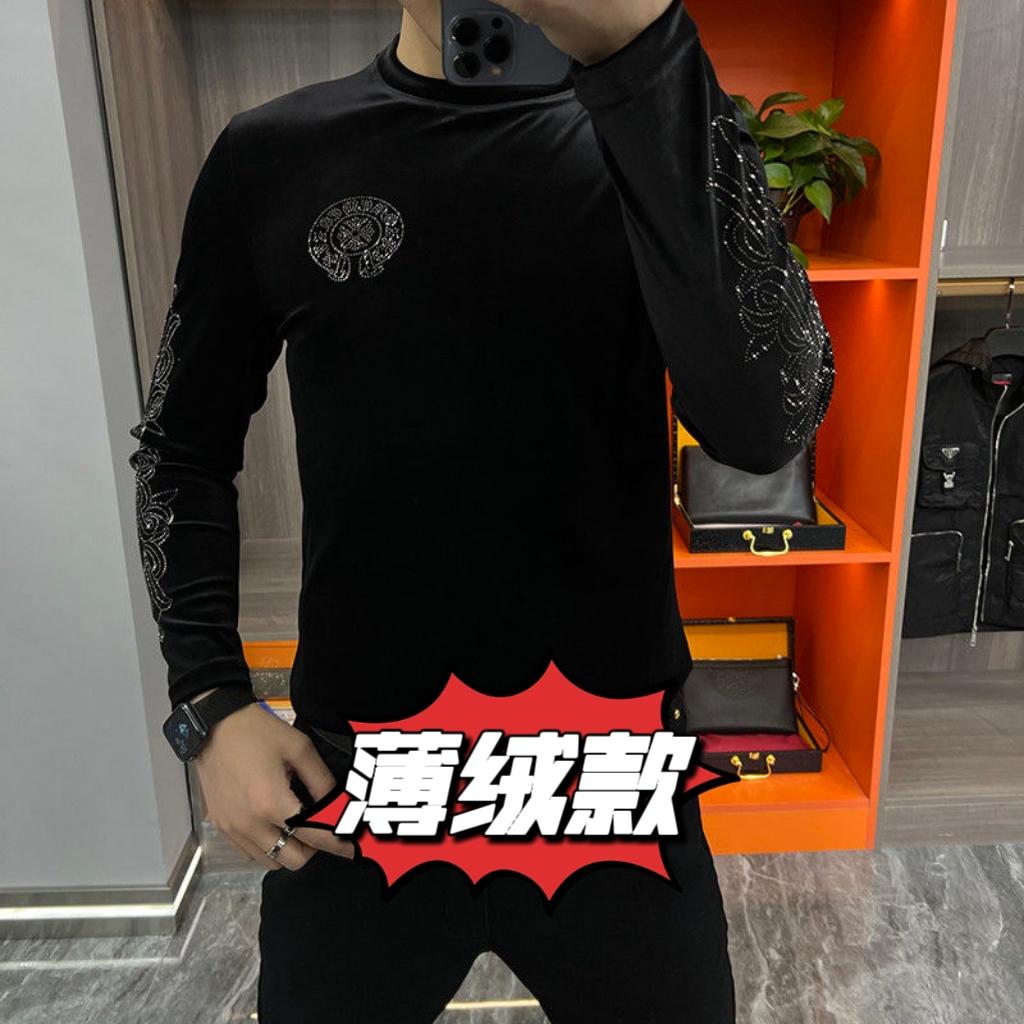 【现货】3910新款休闲男士春季丝绒潮流长袖欧货时尚圆领打底T恤