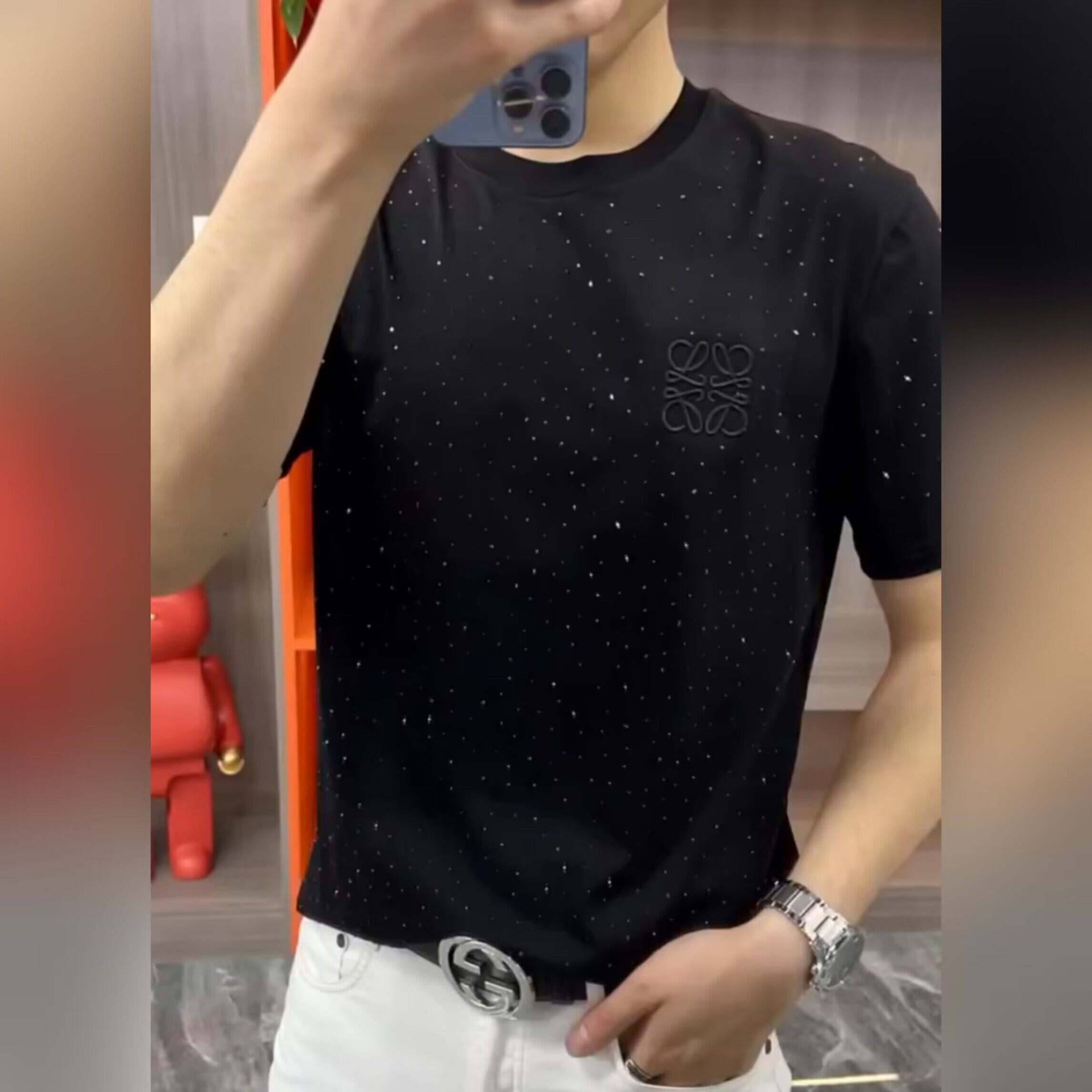 （现货）男士夏季休闲半袖烫钻欧货修身打底衫短袖黑色圆领t恤
