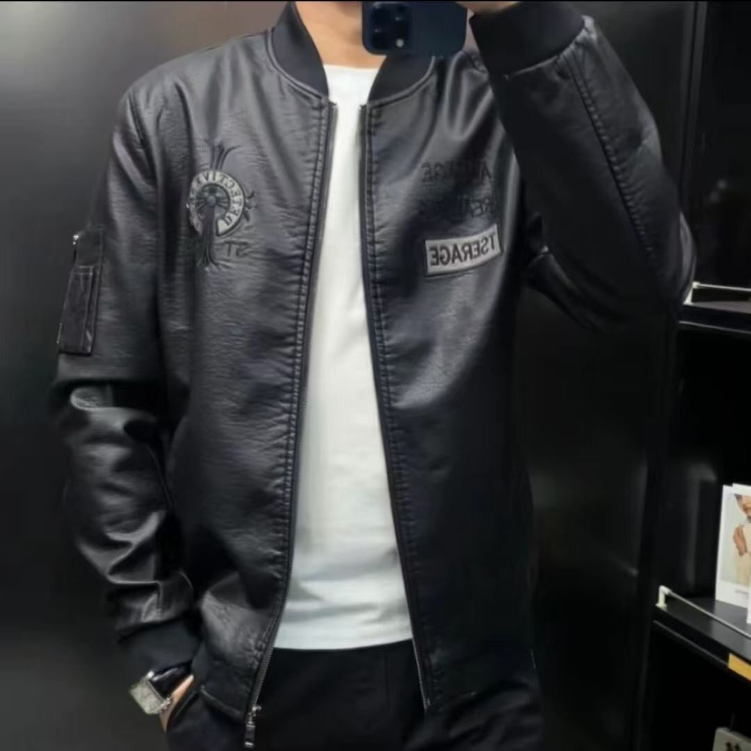 【现货】8002黑色水洗皮棒球领皮衣男短款立领机车夹克外套时尚