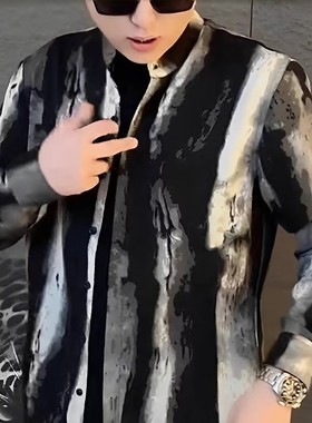 【现货】25064立领夏季青年薄款男衬衫衬衣印花外套