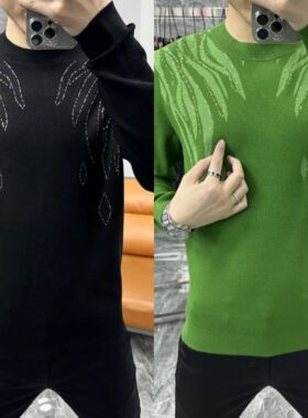 21076秋冬男士新款时尚休闲圆领烫钻长袖针织衫高品质轻奢欧货潮t