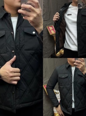 【现货】25327冬季新款男士翻领菱形棉衣休闲外套潮流高档棉服古