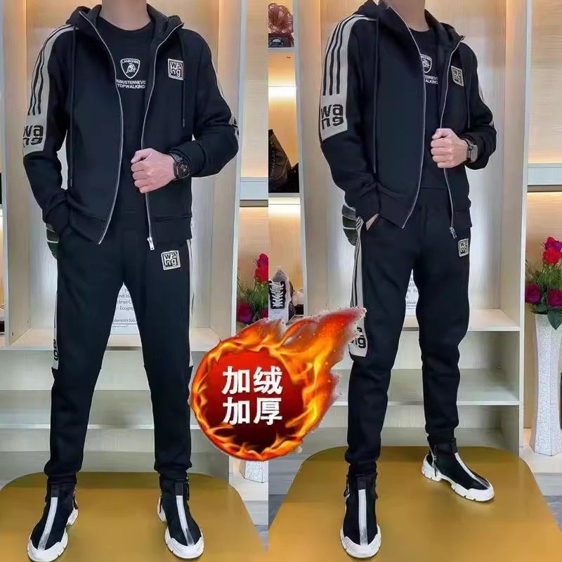 【现货】279男士秋季新款休闲运动套装时尚连帽条纹拼接重工舒适