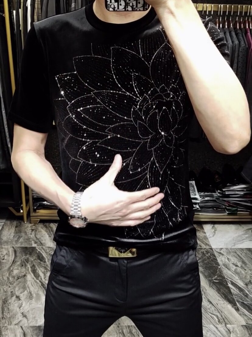 【现货】619春季男士新款T恤金丝绒短袖烫钻印花休闲百搭短袖