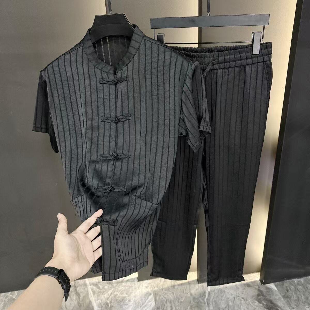 新中式唐装男士夏季套装盘扣条纹