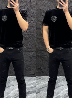 【现货】S658欧洲站秋季新款潮流金丝绒烫钻短袖T恤潮牌时尚半袖