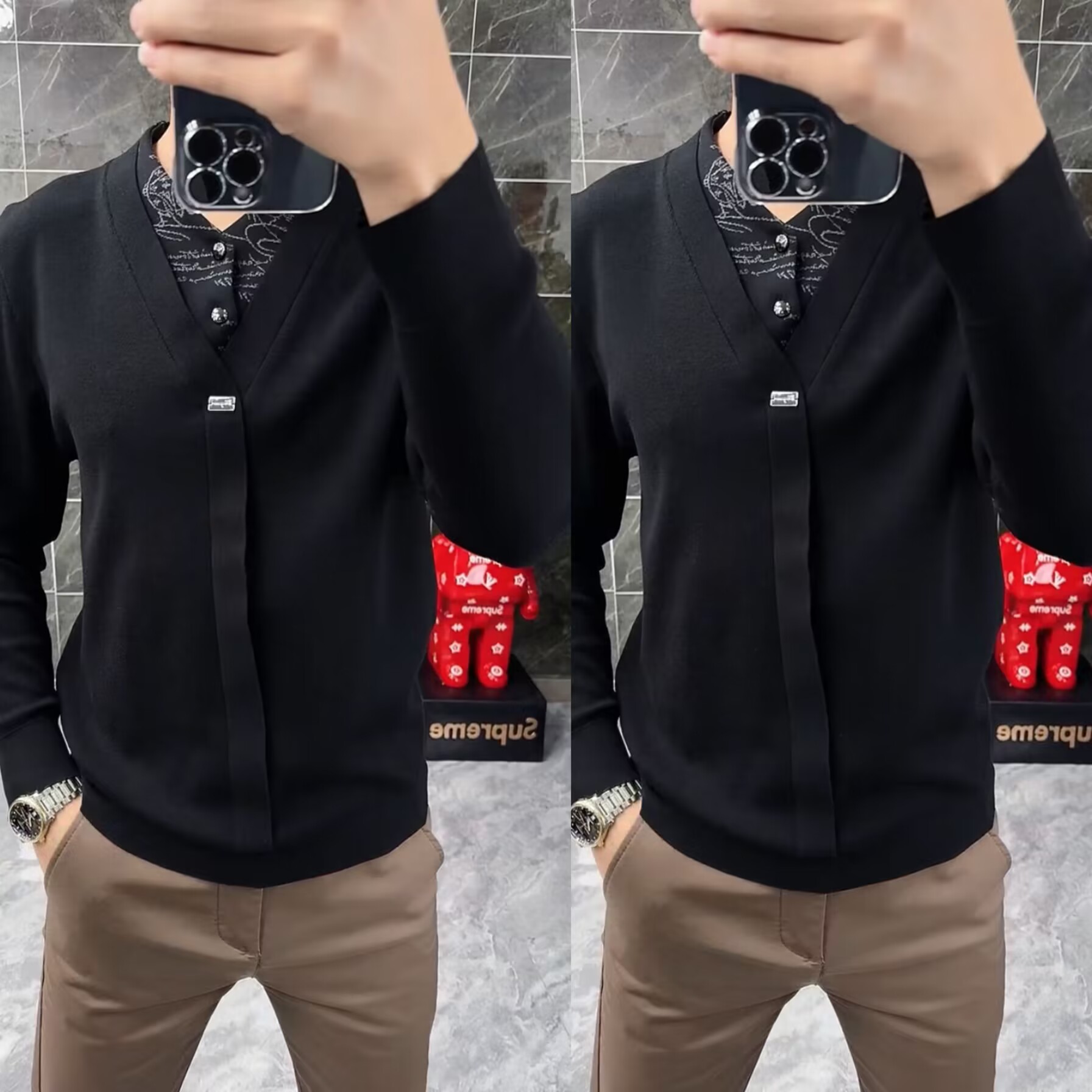 （现货）29017-1男士秋季欧货针织开衫假两件修身拼接V领套头小衫