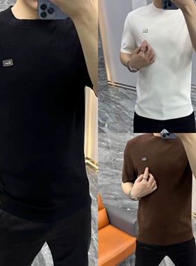 63016男士秋季新款百搭时尚针织短袖轻奢欧货潮流修身圆领上衣潮t