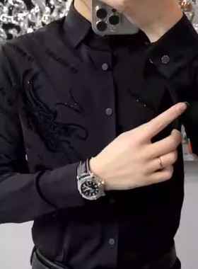 【现货】68032秋冬新款春秋季印花衬衫男士帅气上衣百搭无痕长袖