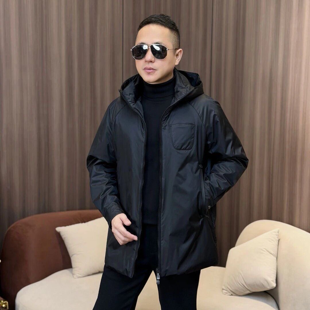 【现货】3310亮面外穿男装黑色中长款常规款连帽薄棉服保暖时尚