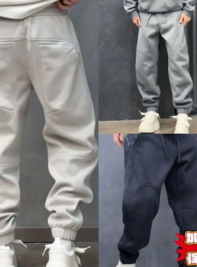 【现货】W3382冬季保暖宽松厚款加绒加厚款纯色男士卫裤中腰加绒