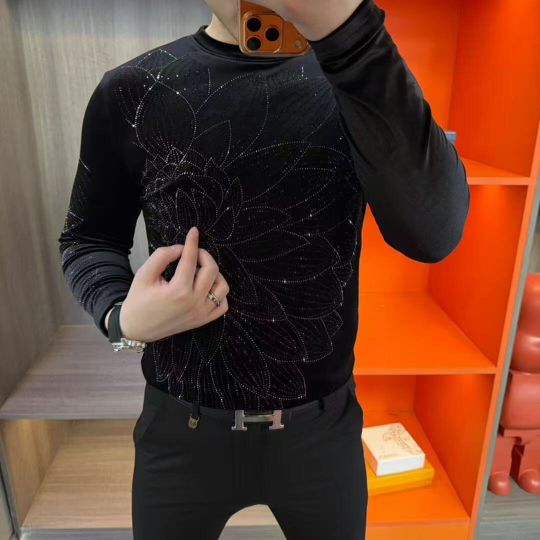 【现货】3912男士黑色长袖烫钻T恤圆领修身百搭时尚潮流打底衫