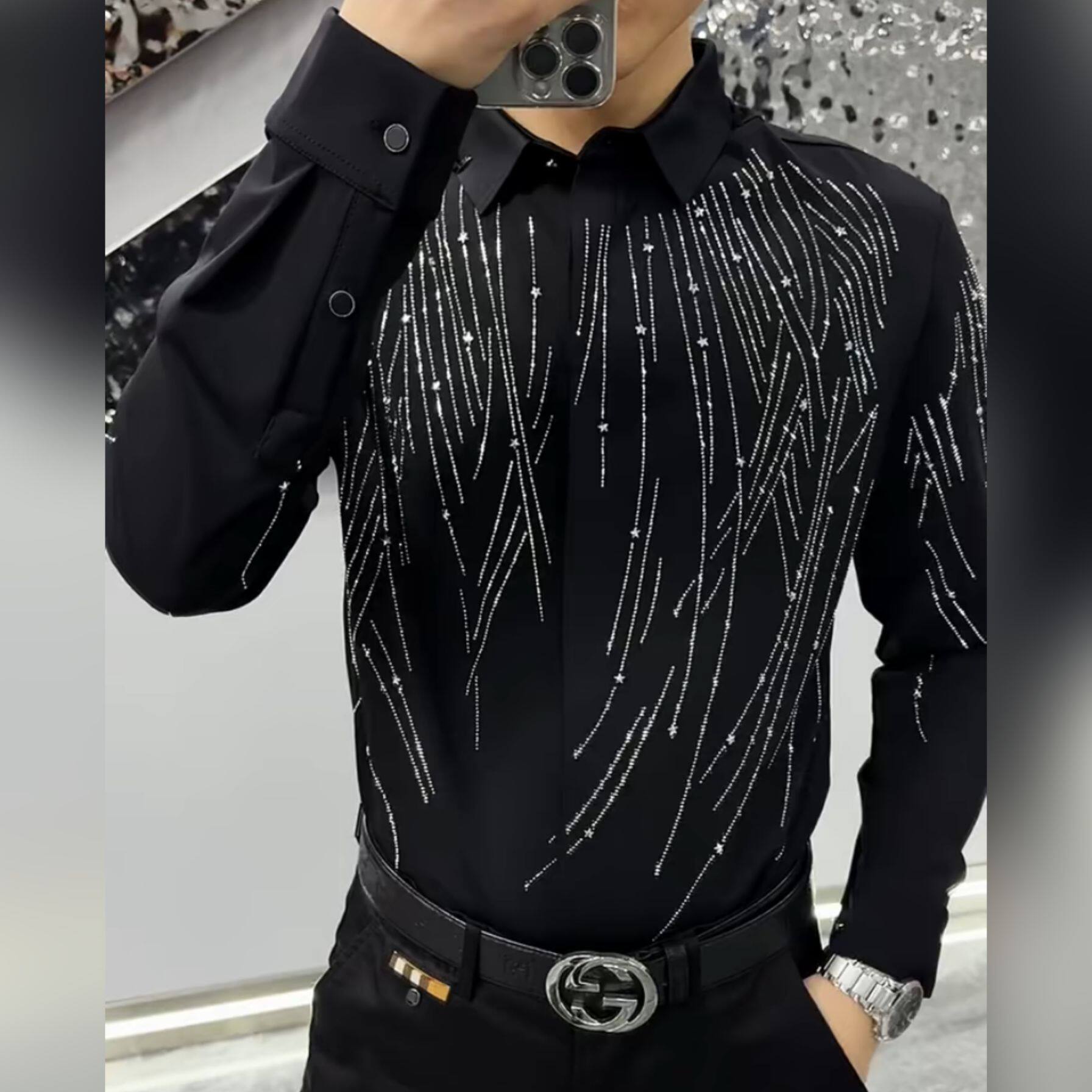 【现货】男士春秋季高级感烫钻时尚衬衫休闲百搭商务舒适修身欧货