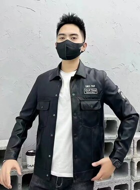 【现货】7801标准工装宽松型外套男装时尚春季黑色修身皮衣夹克