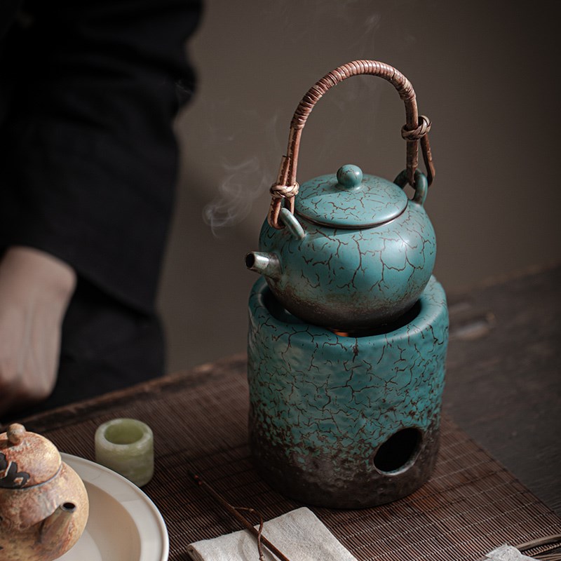 优选煮茶家用户外煮茶炉手作窑变粗陶煮茶器泡茶烧V水养生壶提梁.
