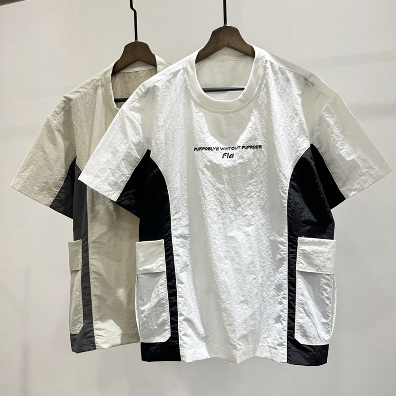 男士圆领拼接时尚感短袖t恤休闲百搭薄款透气百搭韩系半截袖上衣