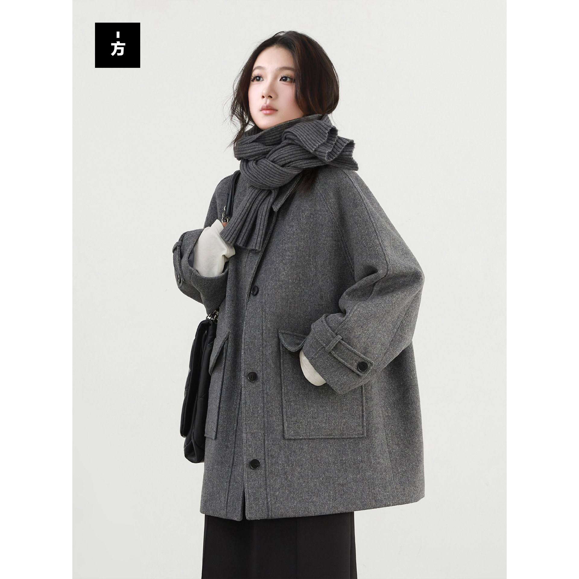 【一方服饰】韩系高级感翻领羊毛毛呢外套小个子大口袋廓形呢大衣