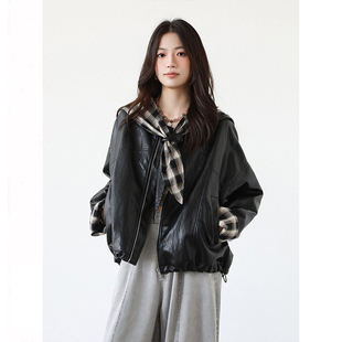 可拆卸领结帽 宽松百搭 软糯蛋白皮拼接格纹皮衣外套秋季