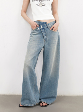 「反叛通勤」初秋新款不规则斜扣复古蓝色高腰阔腿牛仔裤