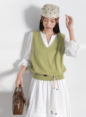 「怀旧学院」法式长款白色蛋糕连衣裙叠穿羊毛针织背心秋