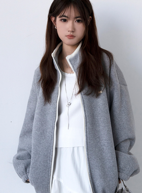【一方服饰】简约休闲风灰色立领拉链开衫女宽松通勤外套加绒长袖
