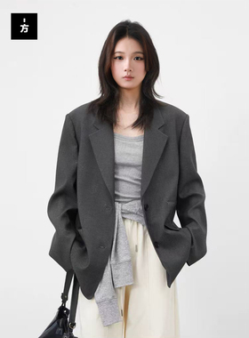【一方服饰】春新款设计感蝴蝶结压花西装外套高智感灰色休闲西装