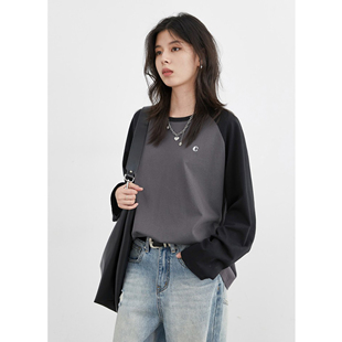 秋女 打底衫 「怀旧学院」韩系撞色插肩袖 T恤雪花棉休闲长袖