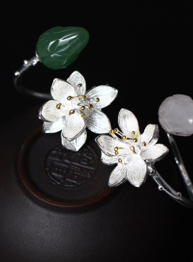 狮造s925银粉晶荷花莲花活口指环东陵玉国风汉服配饰戒指