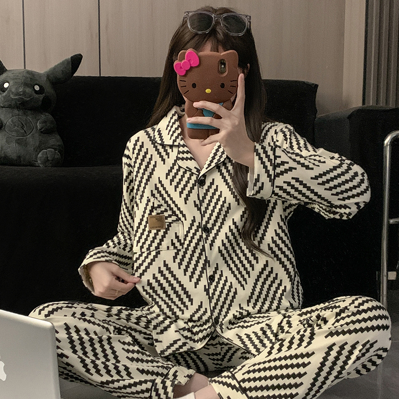 150cm小个子德绒几何线条简约可爱休闲加厚保暖睡衣套装家居服xxs