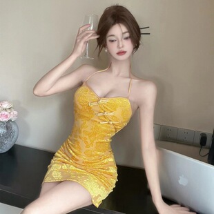 显瘦xxs码 新中式 改良旗袍辣妹性感挂脖吊带连衣裙150cm小个子修身