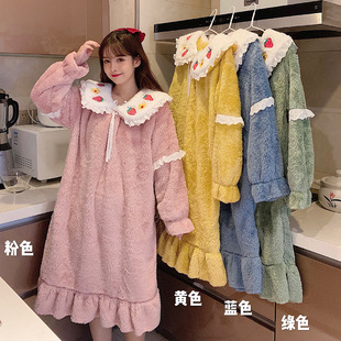 可爱150cm小矮个子长毛绒睡衣冬季甜美小款长袖中长裙家居服xxs码