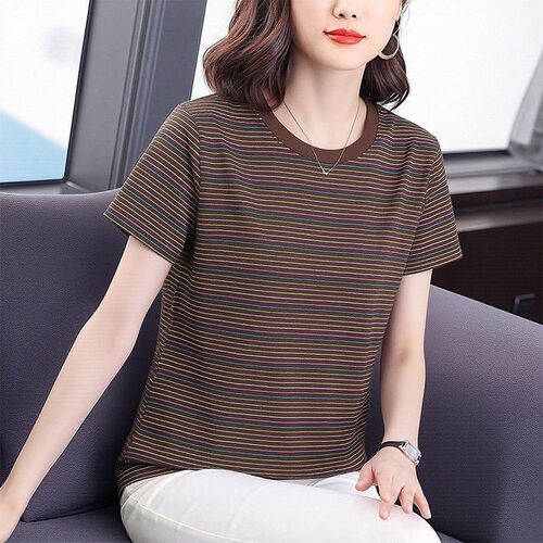 夏装短袖t恤女士棉质中年妈妈装2026新款大码宽松遮肚子条纹上衣
