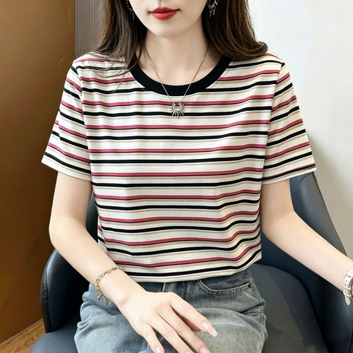 正肩条纹恤女短袖夏季2026新款宽松半袖纯棉圆领上衣妈妈洋气小衫