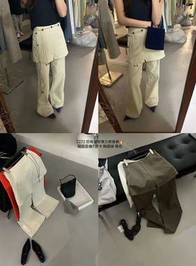 WH JIA早春韩系假两件拼接修身弹力屁帘休闲裤女百搭显瘦微喇长裤