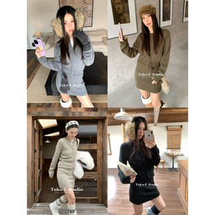 外套 针织开衫 包臀半身裙两件套 时髦拼接螺纹纽扣长袖 TOKO.Z冬季