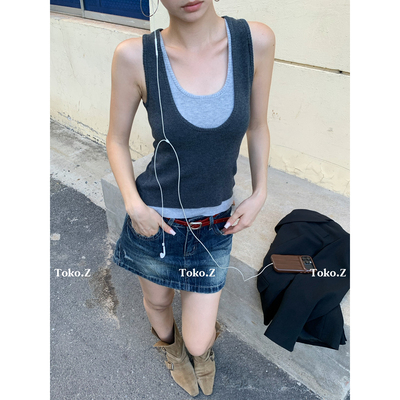 辣妹假两件撞色拼接吊带背心