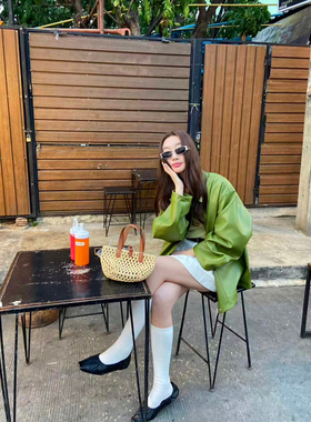 WH JIA早春复古宽松单排扣长袖皮衣外套女百搭宽松口袋开衫上衣潮