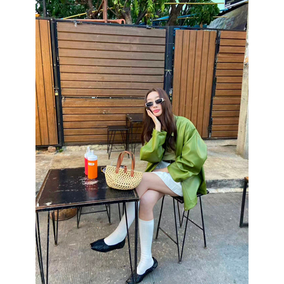 宽松单排扣长袖皮衣外套女