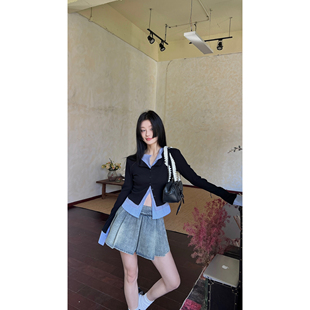 TOKO.Z正品春季韩系拼接撞色长袖纽扣小衫百搭辣妹短款开衫上衣女