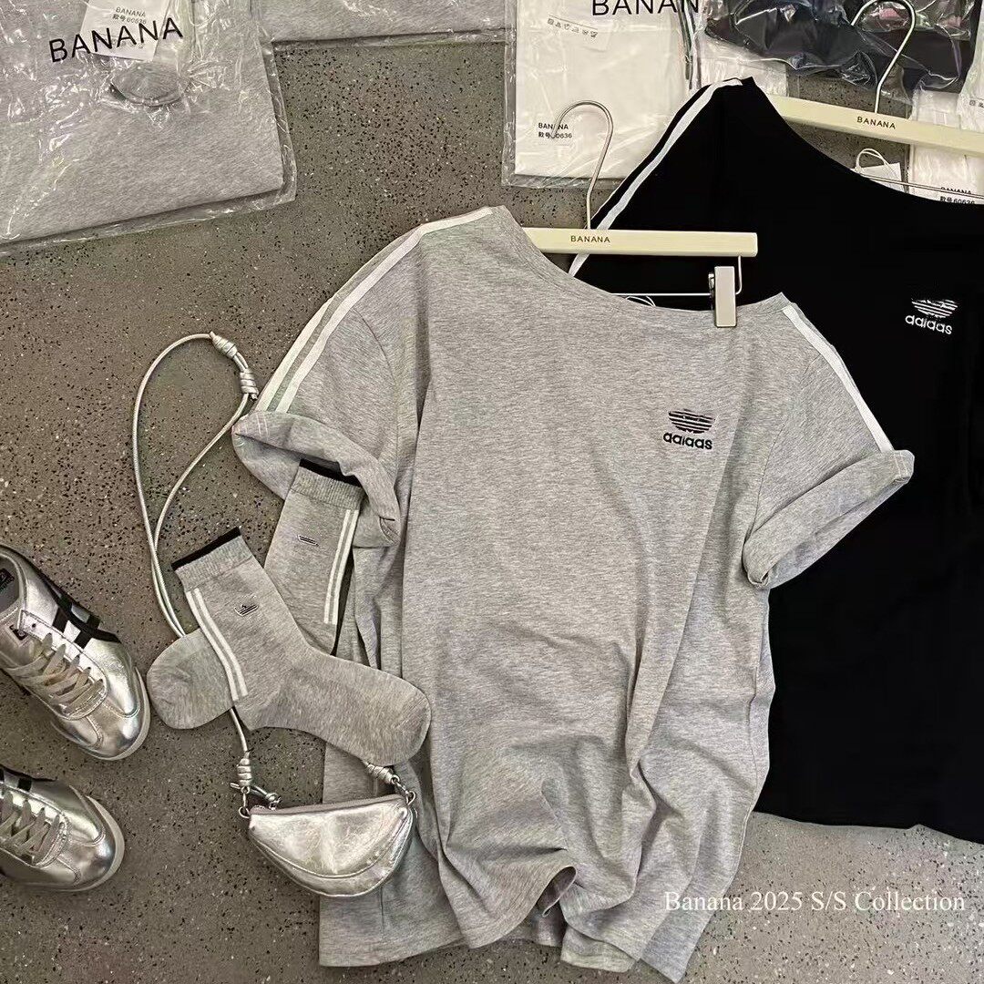 字母刺绣拼色织带露肩短袖T恤