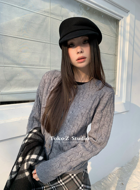 TOKO.Z冬季韩版时髦麻花长袖纽扣针织衫女百搭保暖毛衣外套上衣潮