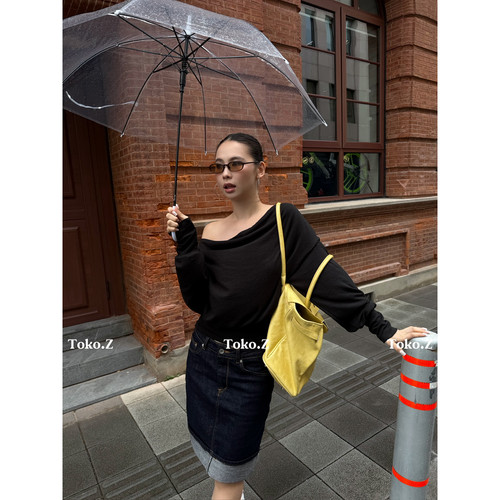 净版荡领露背收腰长袖T恤