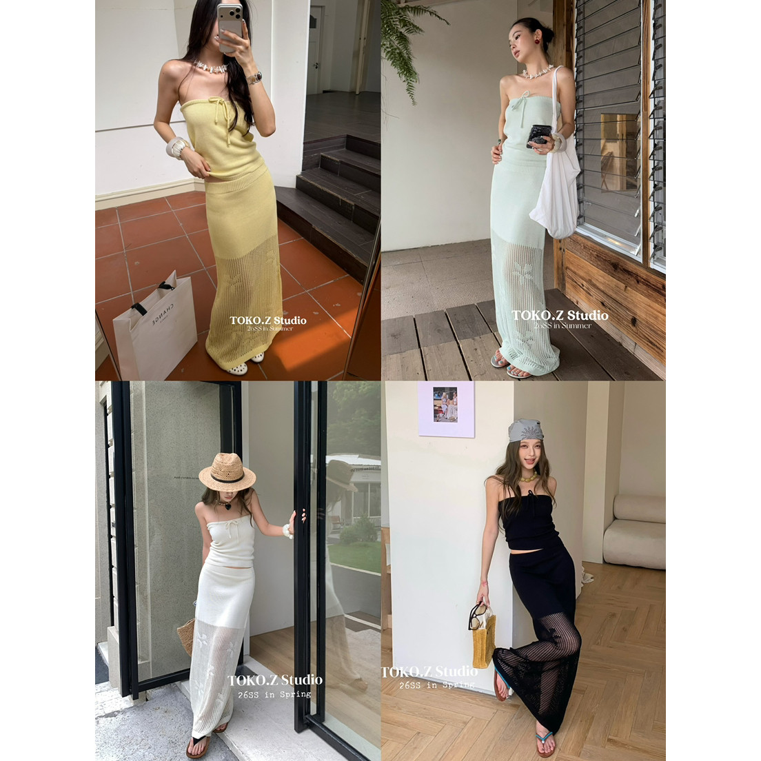 TOKO.Z夏季时尚抹胸针织背心上衣+拼接镂空绣花半身裙两件套装女