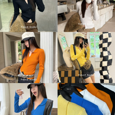 翻领纽扣羊毛长袖针织衫女