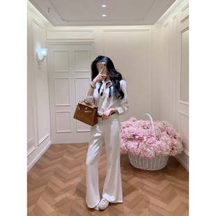 百搭口袋长袖 时髦净版 衬衫 微喇休闲裤 女 丝巾三件套装 JIA春季