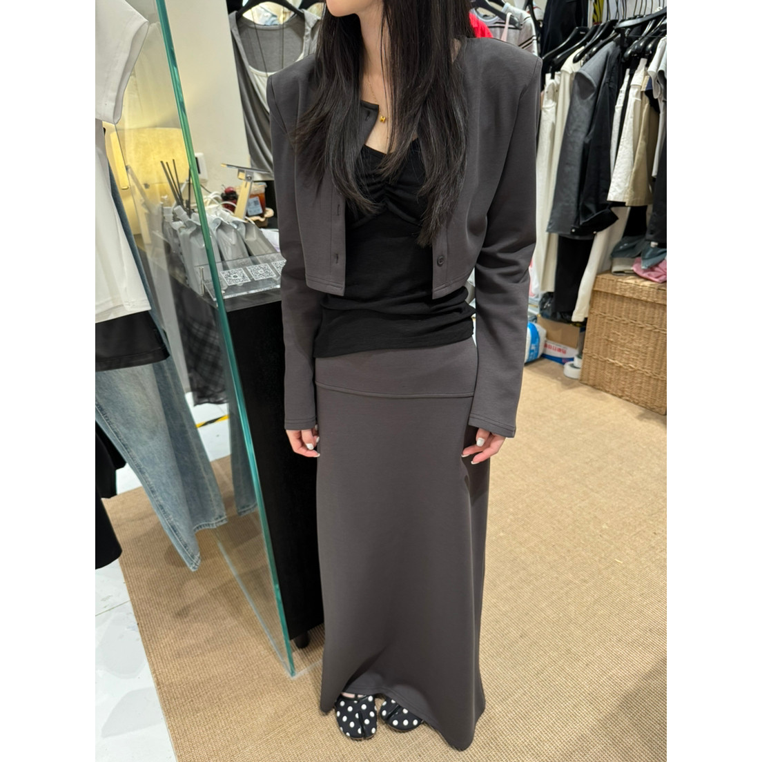 TOKO.Z春季韩版褶皱吊带背心+长袖纽扣开衫外套+拼接半身裙三件套