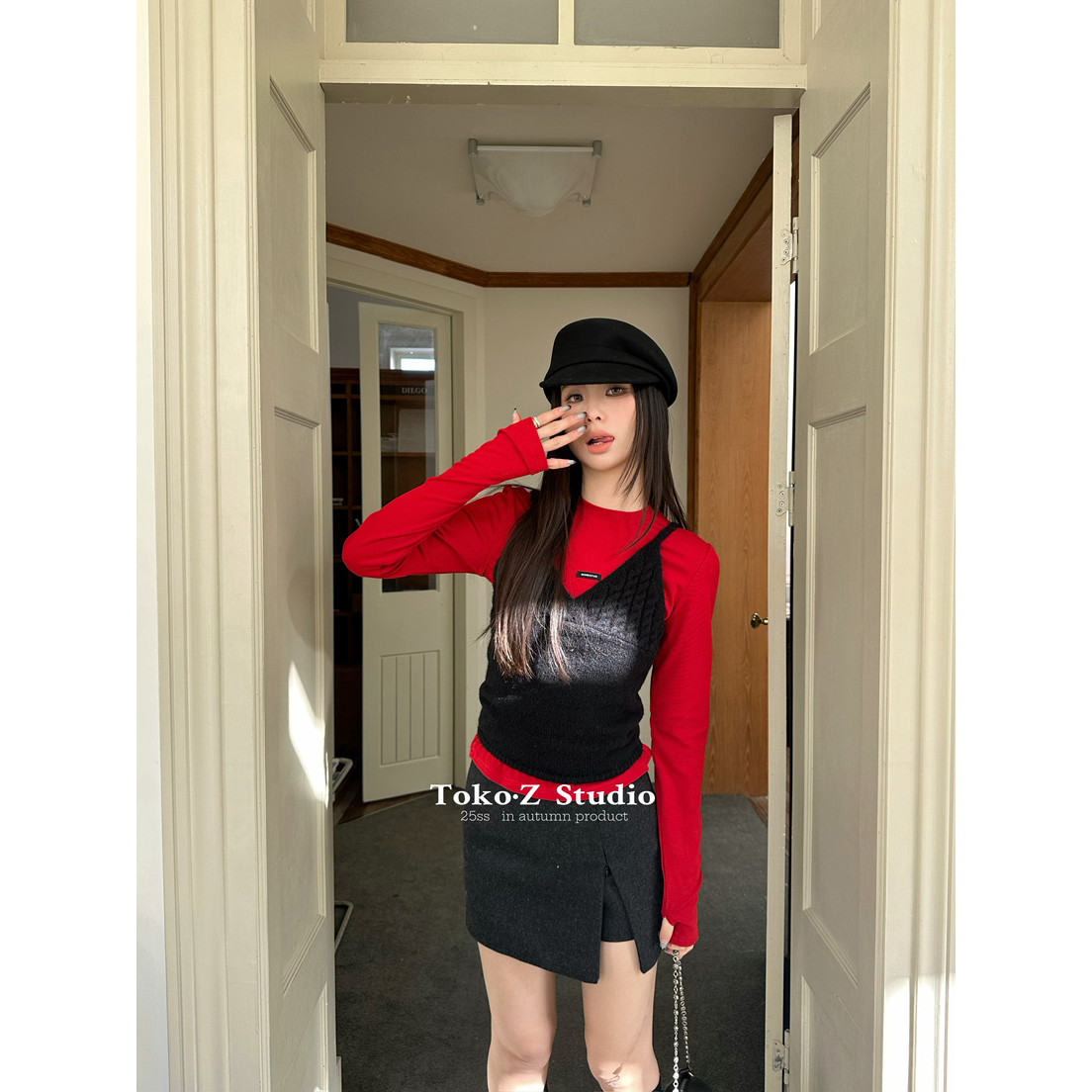 TOKO.Z早春时髦针织修身短款吊带背心+长袖磨毛打底衫上衣两件套