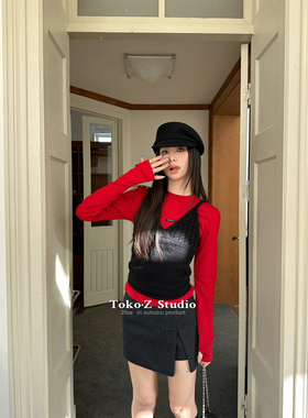 TOKO.Z早春时髦针织修身短款吊带背心+长袖磨毛打底衫上衣两件套